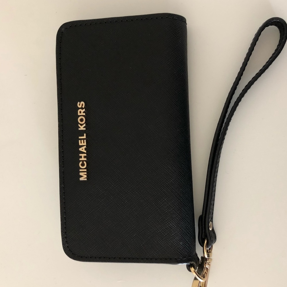 Michael Kors black leather wallet with wrist strap